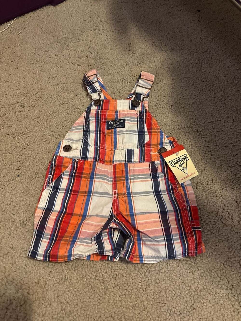 NWT OshKosh B'gosh Baby Boy Plaid Shortalls Overalls 6M Orange Blue White